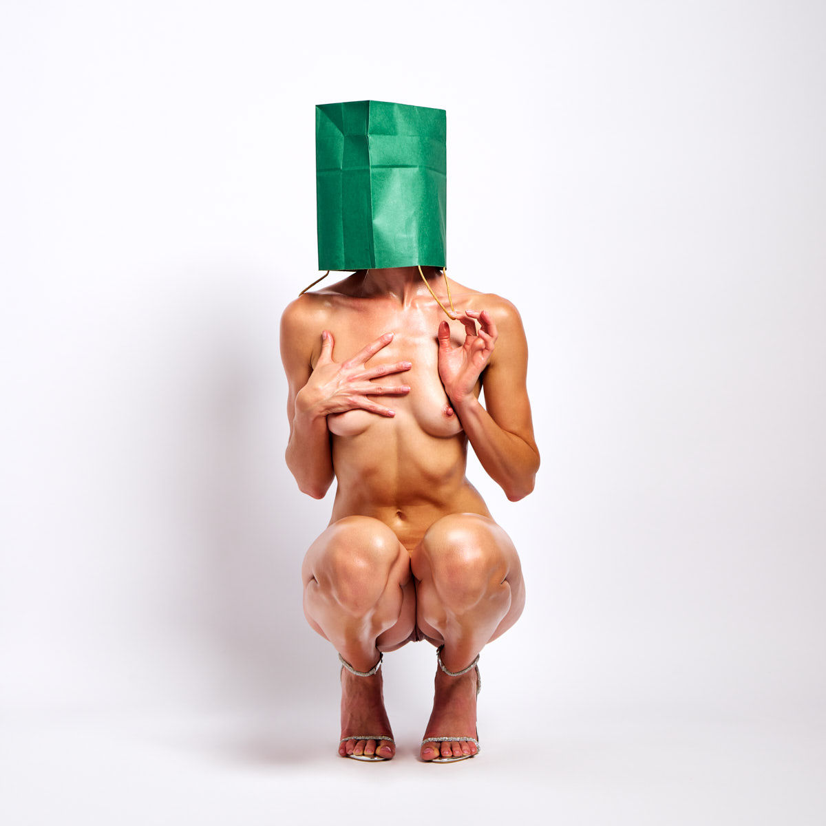 Bag Lady in Colors anonymous surreal art colored bags head oiled body fit long legged extreme strange explicit poses Cinaed Dane photography