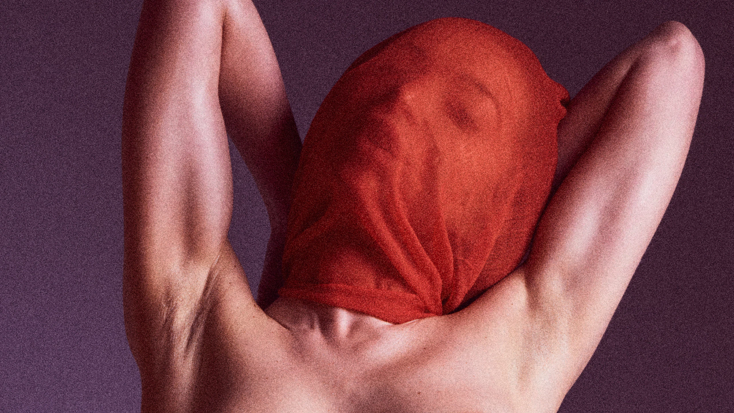 Russian model Galina Fedorova Redhead face covered red scarf shadows purple backdrop nude art photographer Cinaed Dane