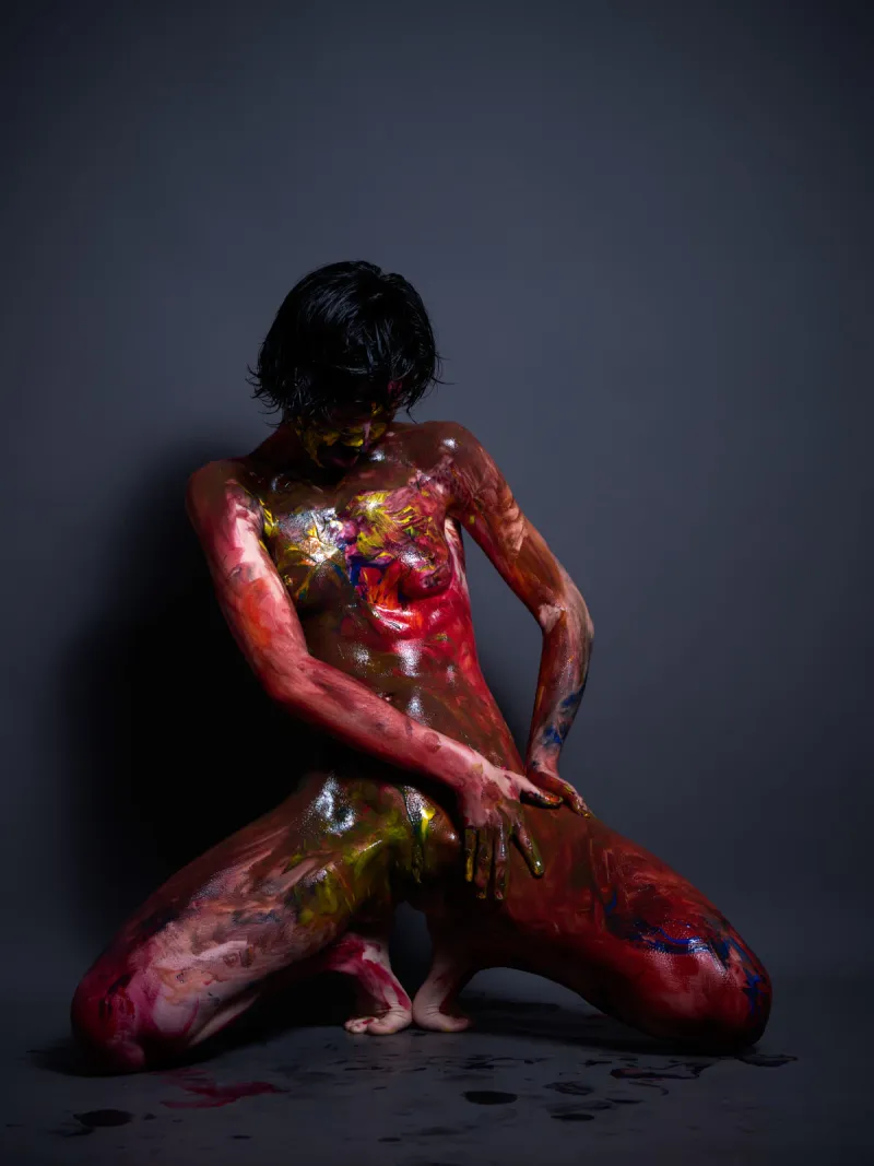 German model Ulah Bauer Colored Emotion body paint multiple colors explicit nude Barcelona photographer Cinaed Dane