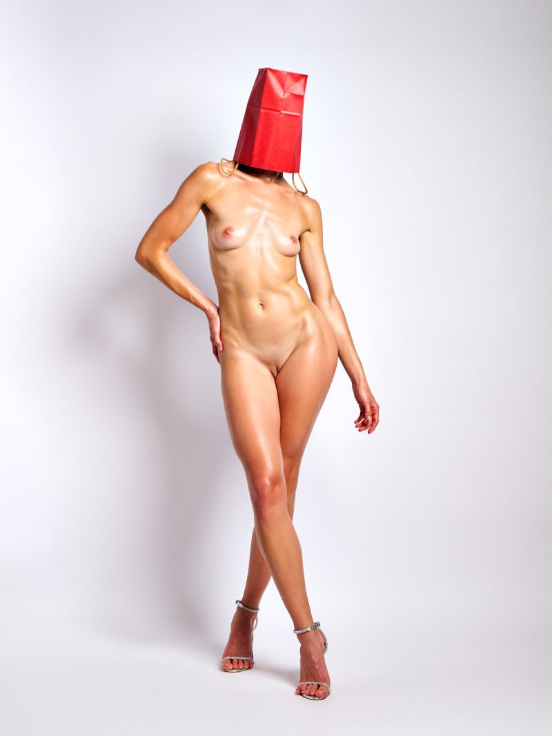 Bag Lady in Colors contemporary explicit surreal art anonymous colored bags fit long legged Cinaed Dane