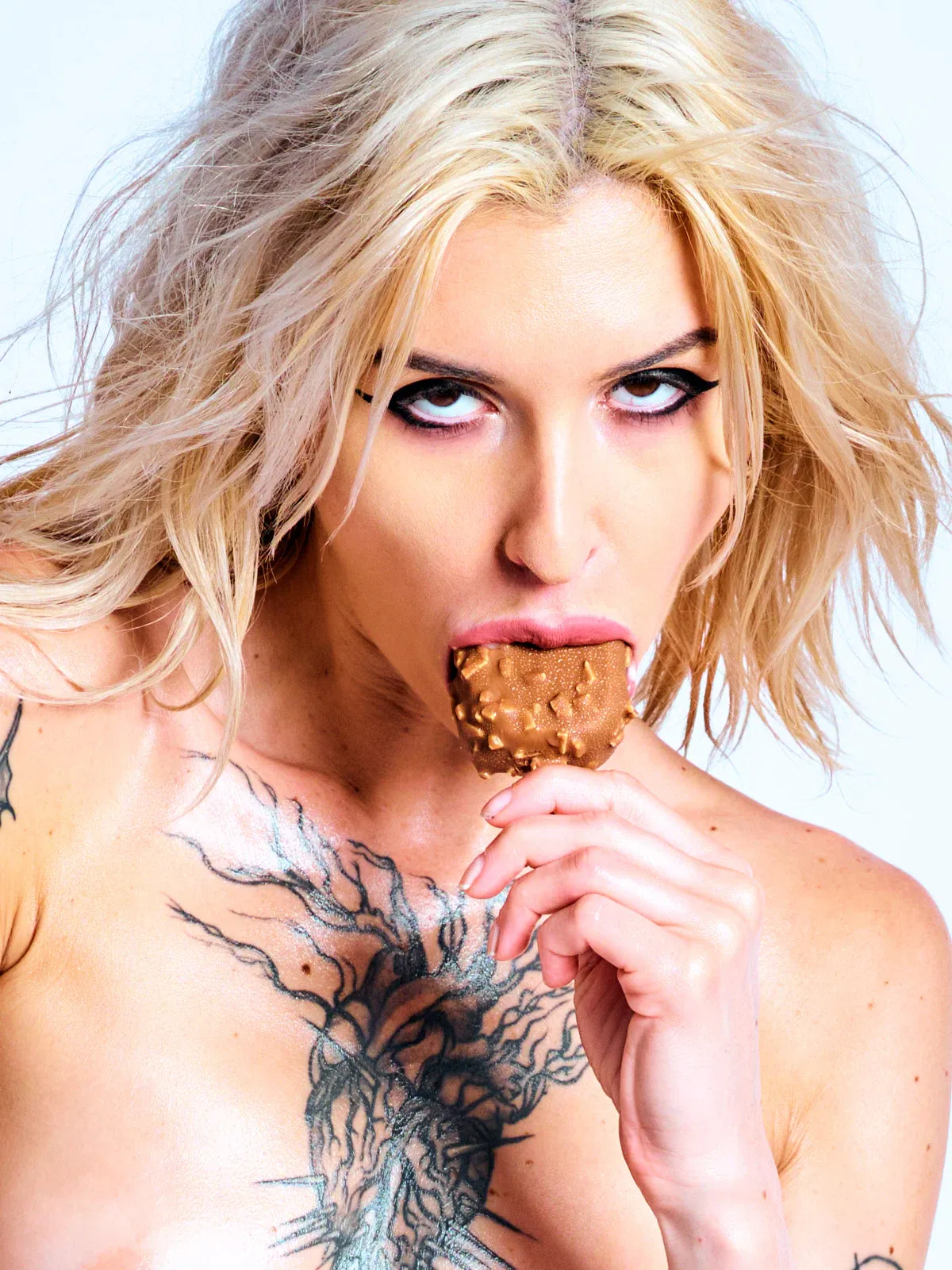 Brittney I Want Magnum Size messy nude photography American Barbie Ghoul expressive tattoos blonde hair chocolate ice cream by Cinaed Dane