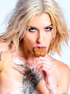 Brittney I Want Magnum Size messy nude photography American Barbie Ghoul expressive tattoos blonde hair chocolate ice cream by Cinaed Dane