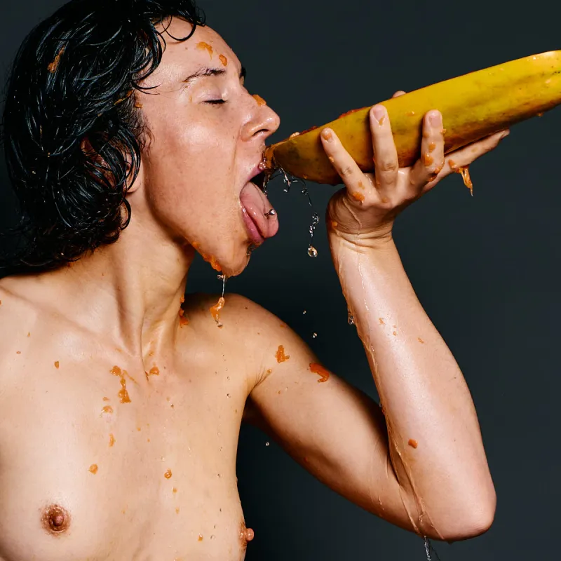 German model Ulah Bauer Wet Papaya messy orange papaya fruit explicit nude Barcelona photographer Cinaed Dane