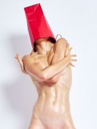 Olena Bag Lady in Red anonymous nude photography Ukrainian petite fit expressive poses oiled by Cinaed Dane