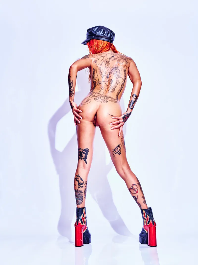 Ana Almeida Fire Walk bright red hair extensive tattoos fearless Cinaed Dane photography